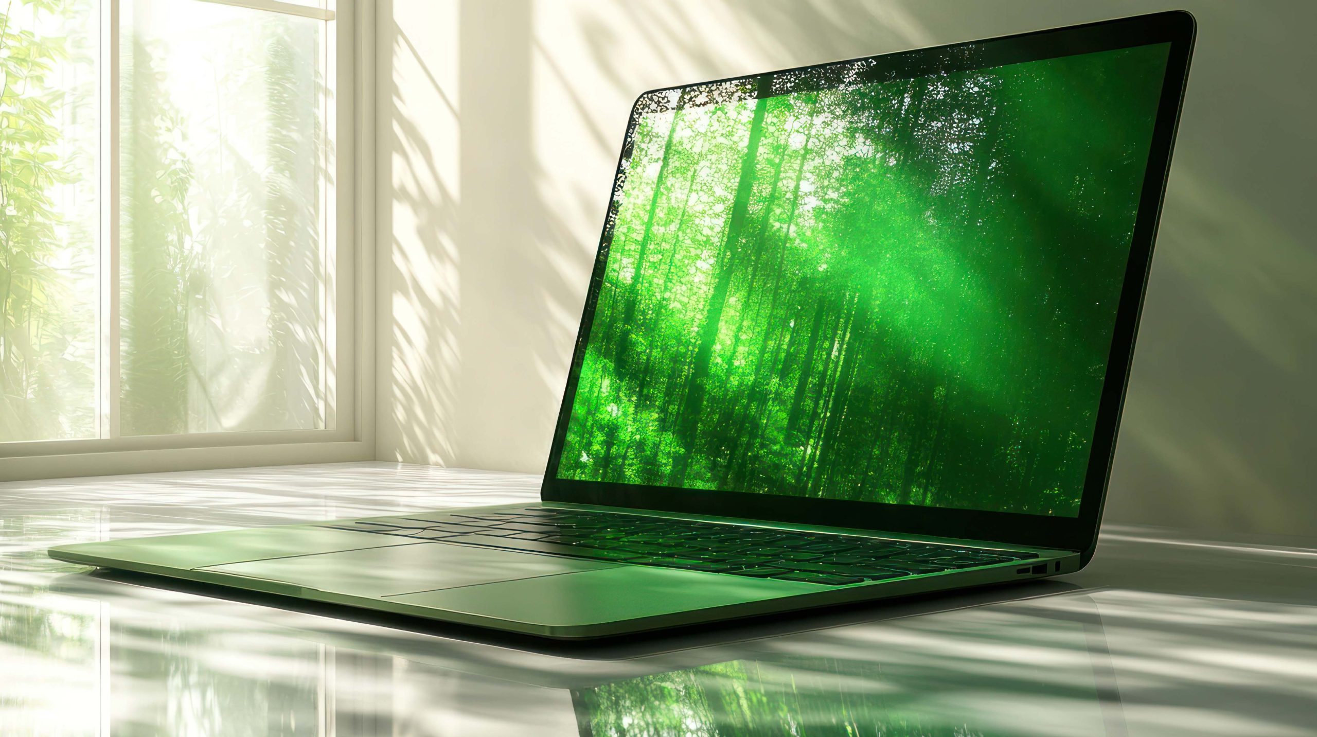 A laptop on a reflective surface with a green forest background, symbolizing nature and technology.